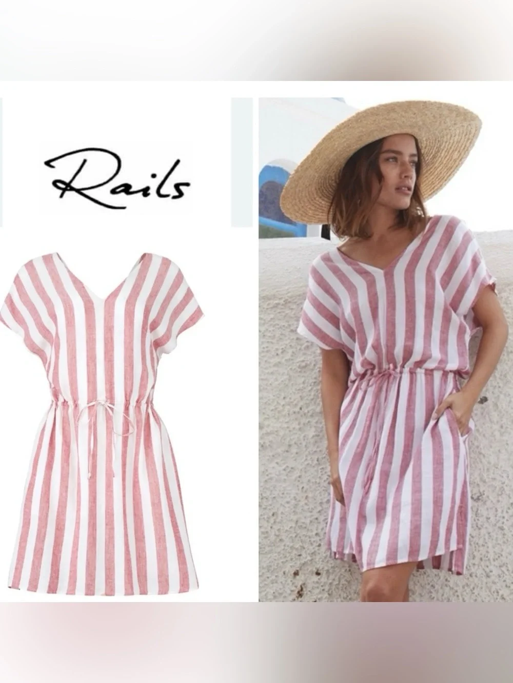 NWT Rails Wren Dress Linen Relaxed Drawstring Short Sleeve Red/White Stripes - M